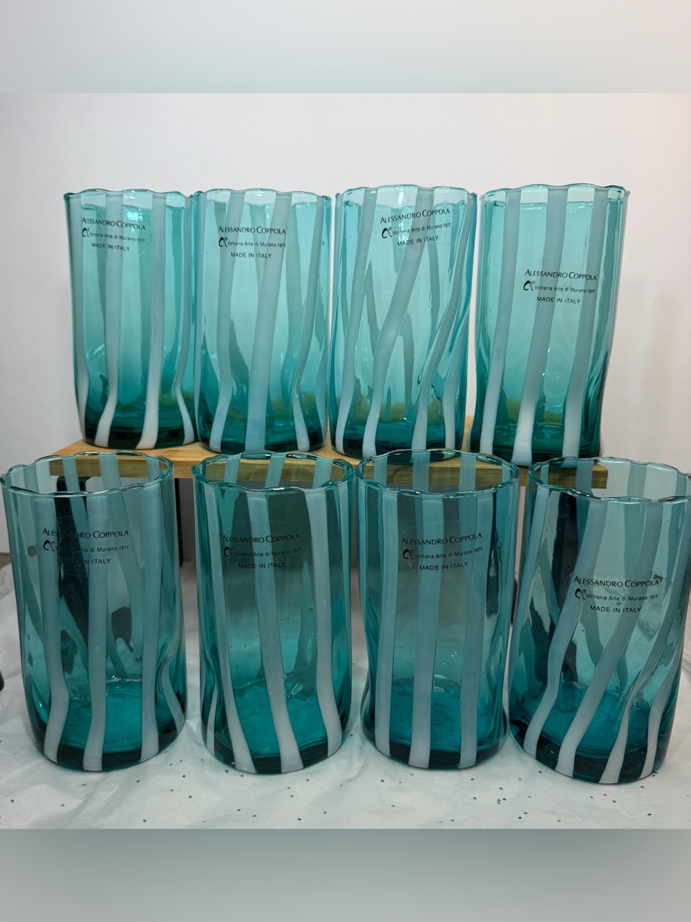 Set Of 8 Alessandro Coppola Arte di Murano Italy Aqua/ Teal Glass Tumblers  NWT